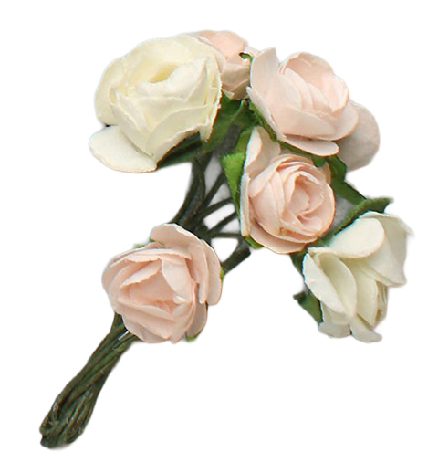 A small, miniature paper rose bouquet with green-wrapped stems. The bunch contains several tiny, delicate artificial roses in alternating shades of cream and pale pink, perfect for use in craft projects, scrapbooking, and as miniature embellishments.