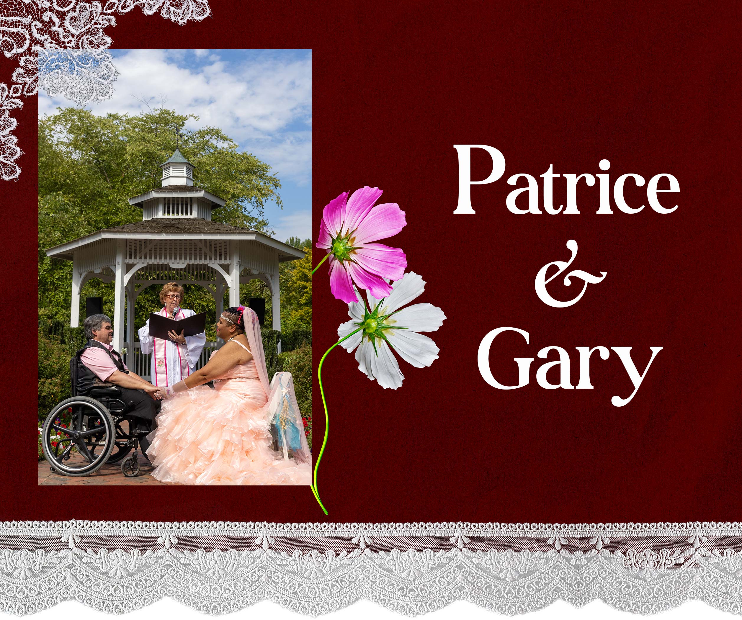 A wedding invitation card for "Patrice & Gary" features a photo of their ceremony in a garden gazebo. Gary, who uses a wheelchair, and Patrice, in a peach gown, hold hands, illustrating the event's theme of illuminating disability rights and inclusive celebrations.