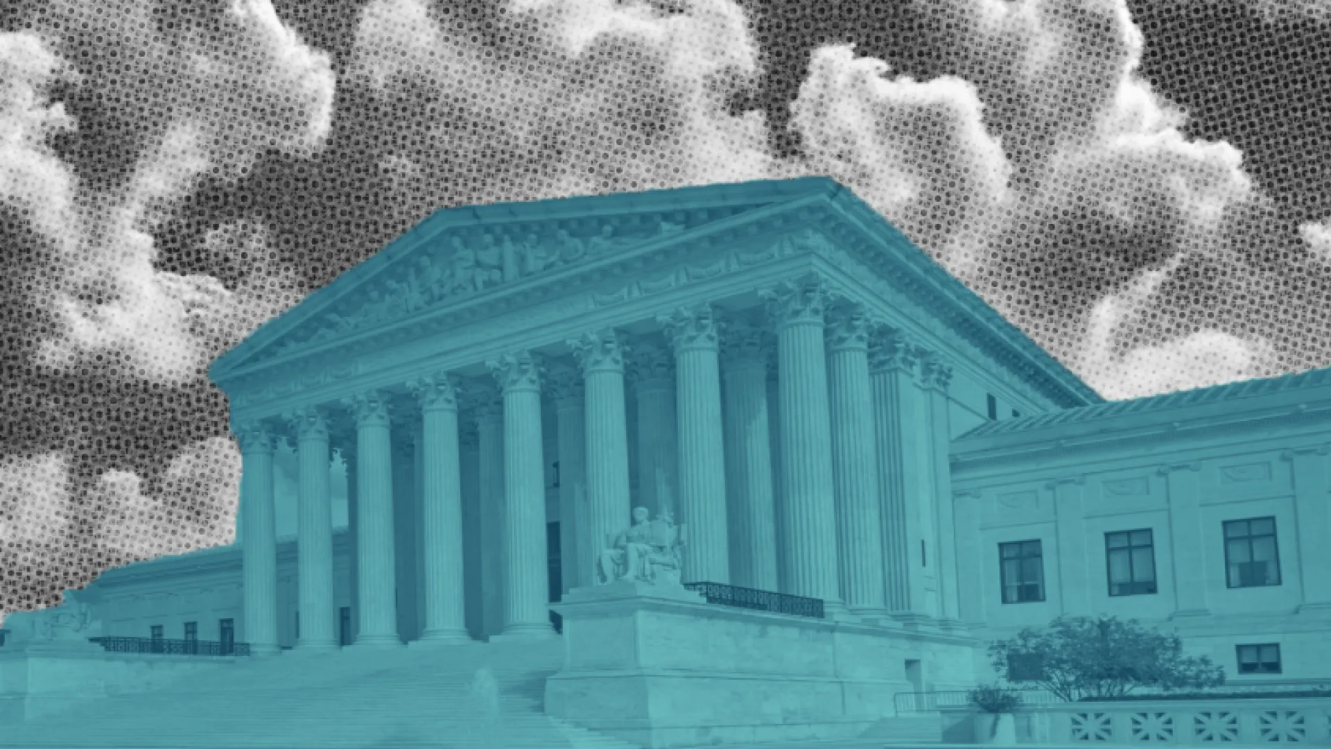 A stylized, blue-tinted image of the U.S. Supreme Court building set against dramatic black and white halftone clouds. The graphic illustrates the judicial branch, constitutional law, and legal rulings, representing the Ford Foundation's analysis of critical court decisions impacting democracy.