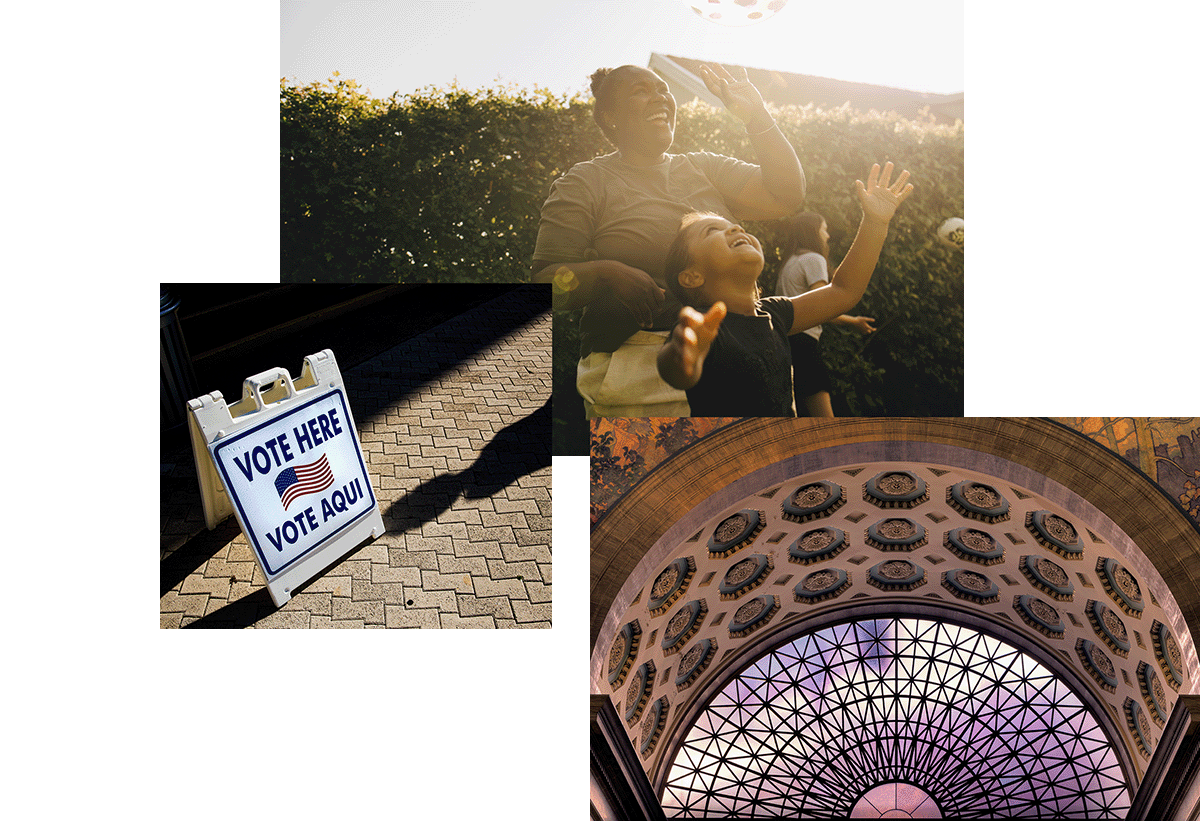 A montage representing civic engagement featuring a family at sunset with hands raised, a "VOTE HERE / VOTE AQUÍ" A-frame sign with an American flag, and a grand domed glass ceiling. The composition symbolizes community participation, democratic rights, and urban identity.