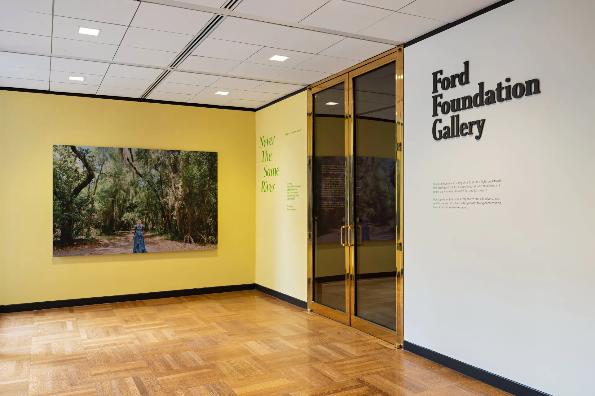 An entrance to the Ford Foundation Gallery with double glass doors with gold frames. To the left, a large photograph shows a person in a blue dress on a path in a dense, green forest. The right wall displays the gallery's name in black letters, and exhibition text with the title 'Never The Same River'.