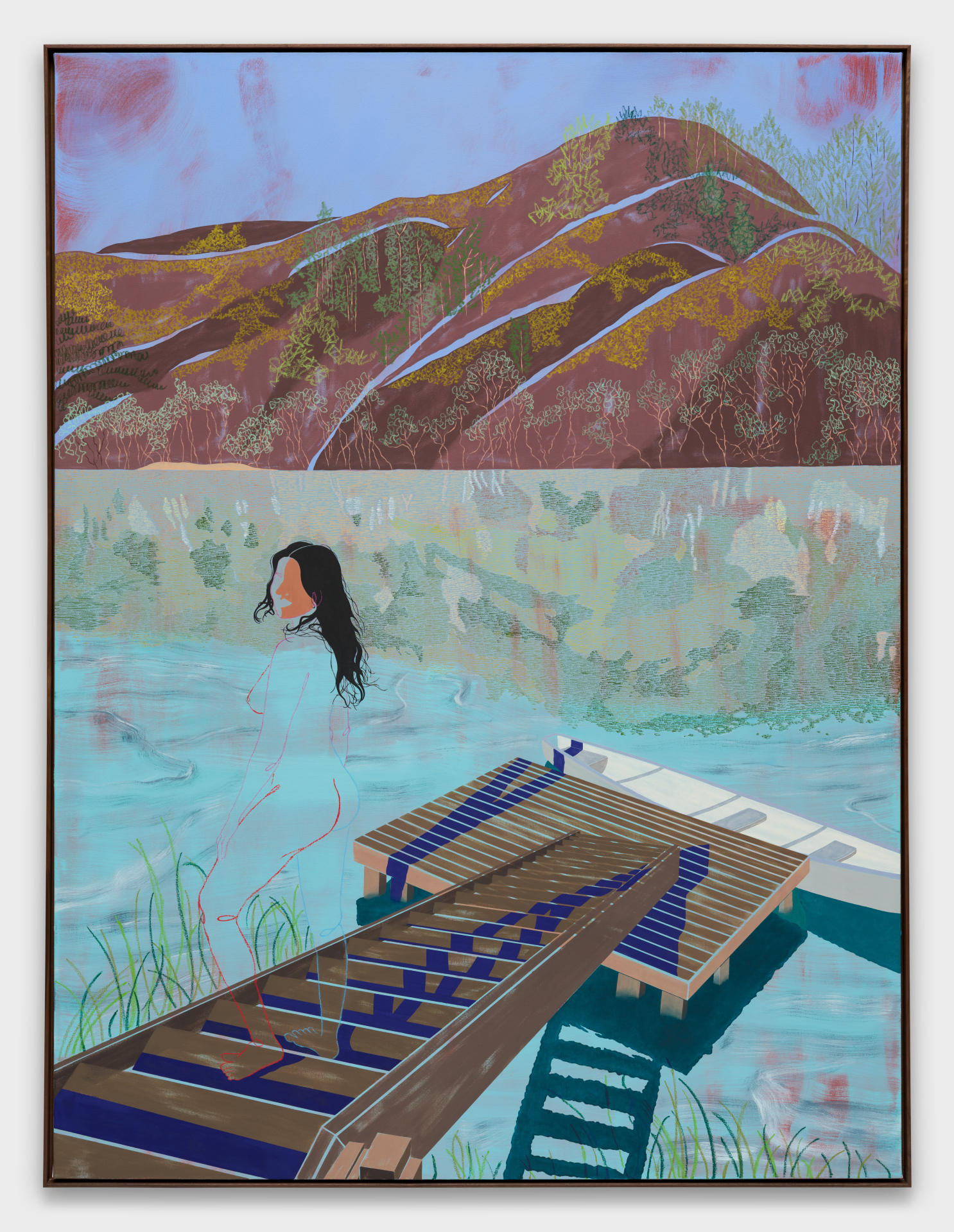 A large, tall abstract painting of a woman standing on a pier against a lakefront, and in the distance, a mountainous terrain.