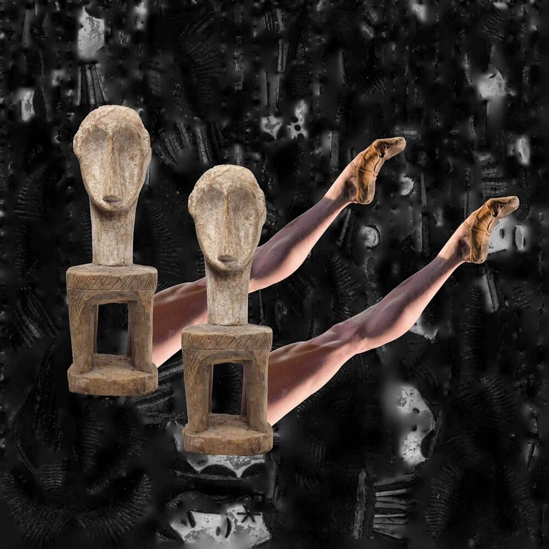 An abstract collage of pointed ballerina legs with African stone sculptures against a dark, textured background.
