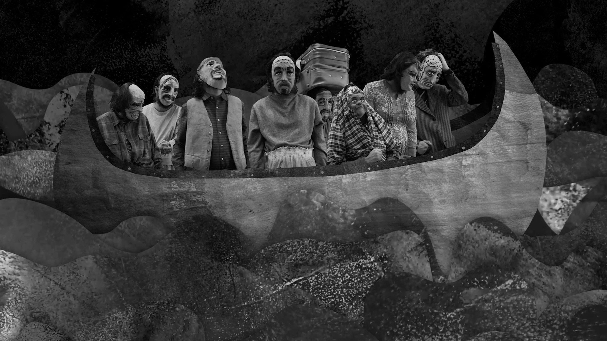 A gray-scale image of a group of figures with stylized, pale masks on their faces, standing on a boat. The boat is partially submerged in wavy water, and a suitcase rests on top of the head of one of the figures.