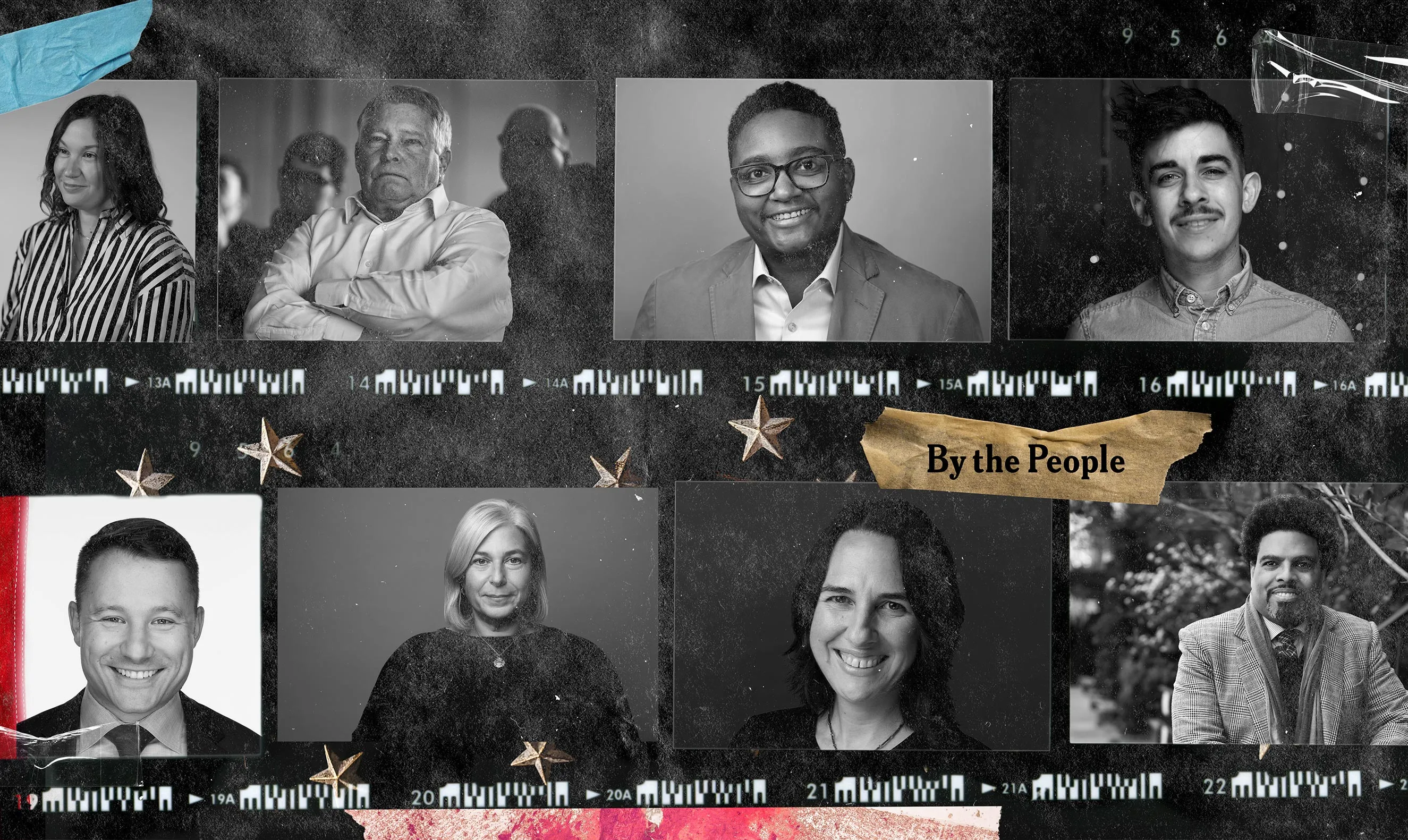 A photo collage titled "By The People" featuring black and white portraits of diverse individuals and activists. The layout includes film strip borders, scattered gold stars, and textured tape, symbolizing democratic values and grassroots representation.