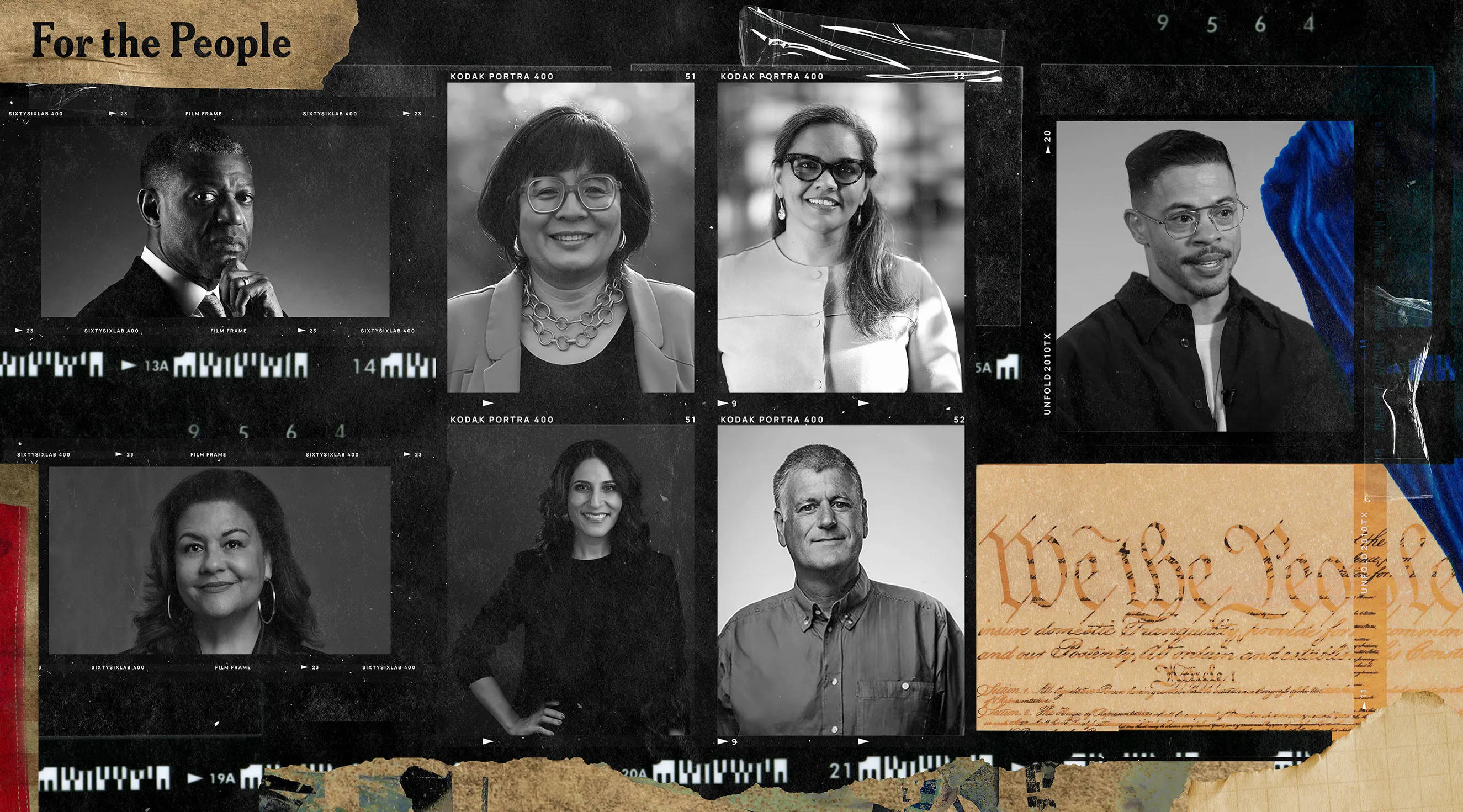 A photo collage titled "For the People" featuring a grid of black and white portraits of diverse community leaders. The layout is styled with Kodak film frame borders, textures of torn brown paper, and blue accents, representing democracy and public service.