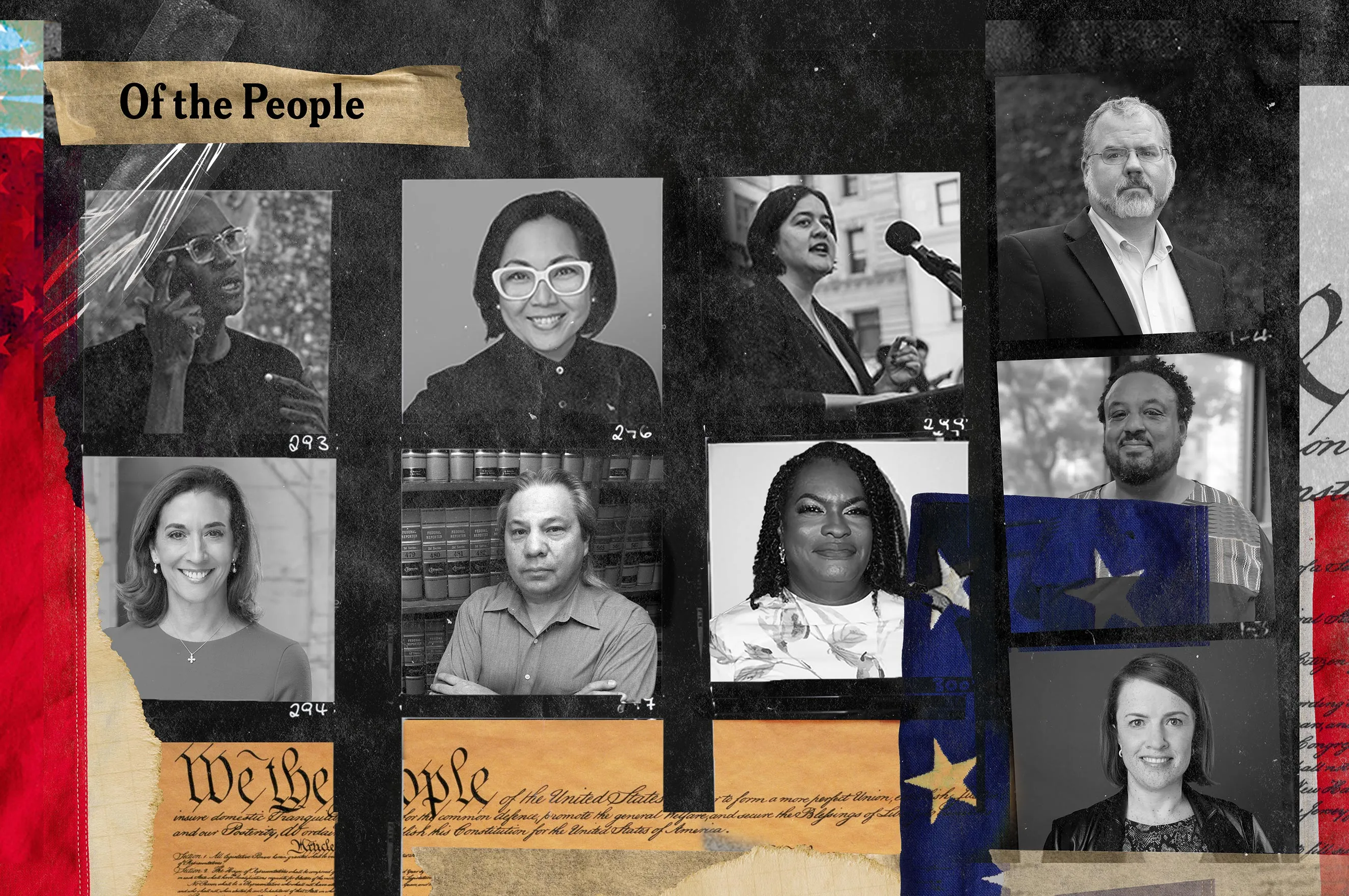 A photo collage titled "Of the People" featuring black and white portraits of diverse community leaders. Elements of the US Constitution, American flag textures, and torn paper details border the grid, symbolizing democratic leadership and civic engagement.