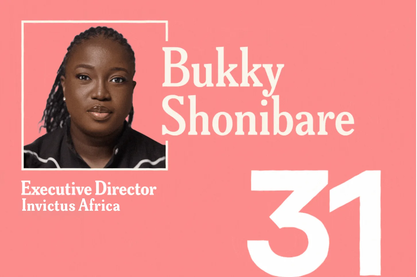 Statistical graphic on a watermelon colored background with Bukky Shonibare headshot.