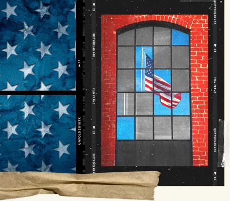A digital collage featuring an American flag visible through a grid window in a red brick wall, framed by film borders. Textures of white stars on a blue background and a strip of brown paper tape appear along the edges, representing democracy themes.