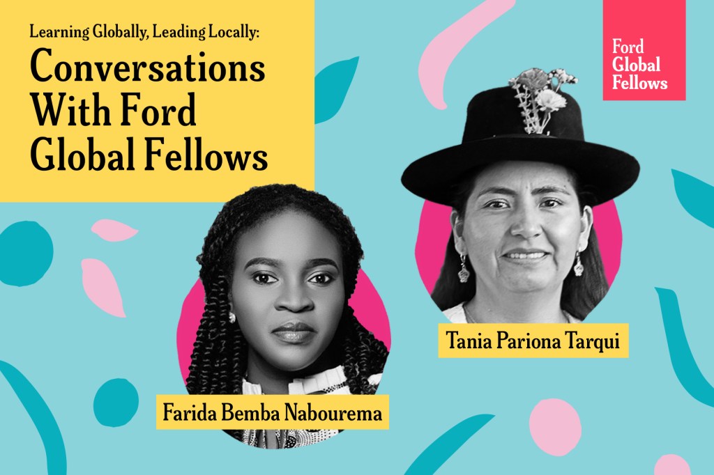 A promotional banner with a light blue background and a yellow title box reading "Learning Globally, Leading Locally: Conversations With Ford Global Fellows." It features two women's headshots: Farida Nabourema (left) and Tania Pariona Tarqui (right).