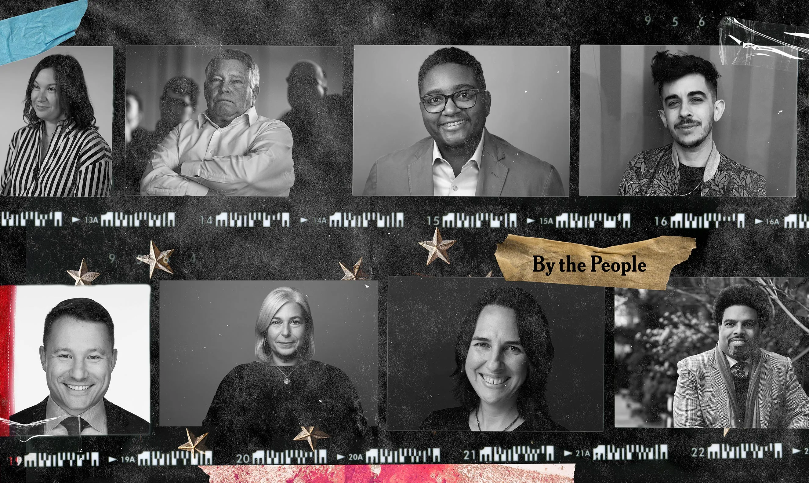 A photo collage titled "By The People" featuring black and white portraits of diverse individuals and activists. The layout includes film strip borders, scattered gold stars, and textured tape, symbolizing democratic values and grassroots representation.