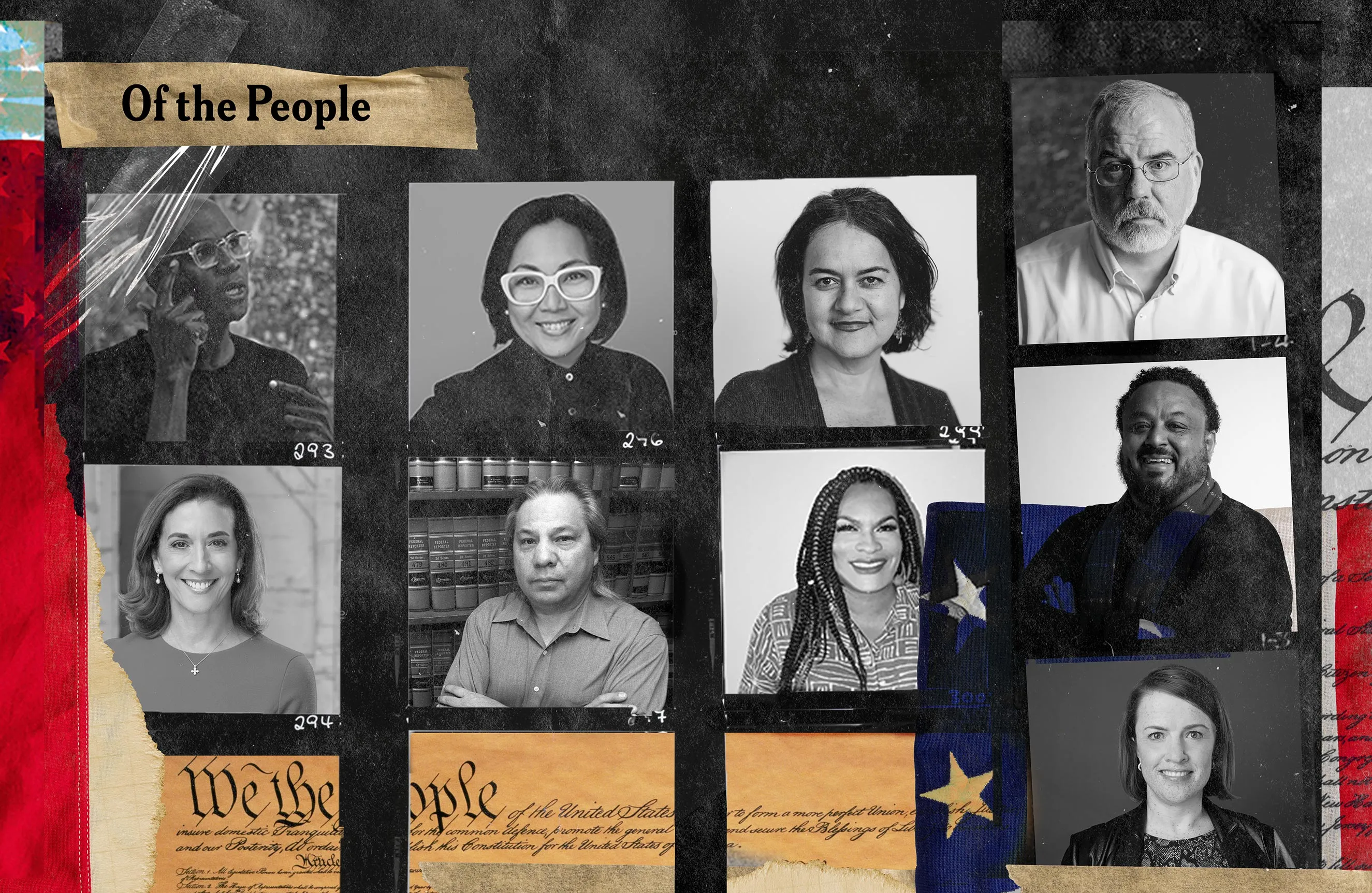 A photo collage titled "Of the People" featuring black and white portraits of diverse community leaders. Elements of the US Constitution, American flag textures, and torn paper details border the grid, symbolizing democratic leadership and civic engagement.