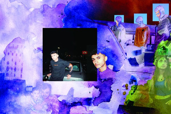Colorful watercolor art collage blending photographic portraits of young people, figures, buildings, and dark inset photo cutouts.