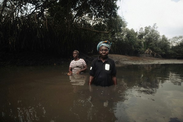 Two African women standing waist-deep in murky river water surrounded by dense mangrove trees, dirt, and exposed roots.