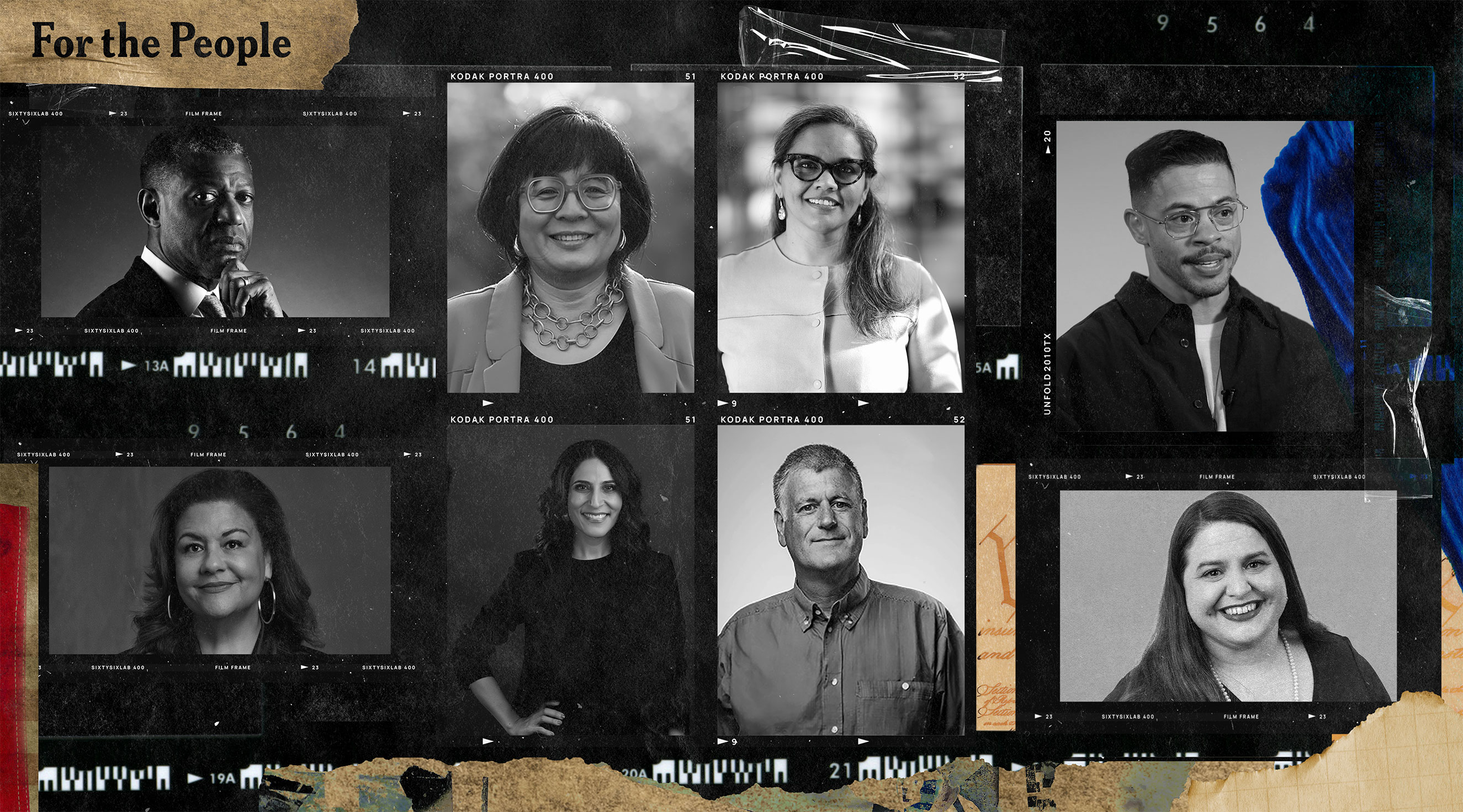 A photo collage titled "For the People" featuring a grid of black and white portraits of diverse community leaders. The layout is styled with Kodak film frame borders, textures of torn brown paper, and blue accents, representing democracy and public service.