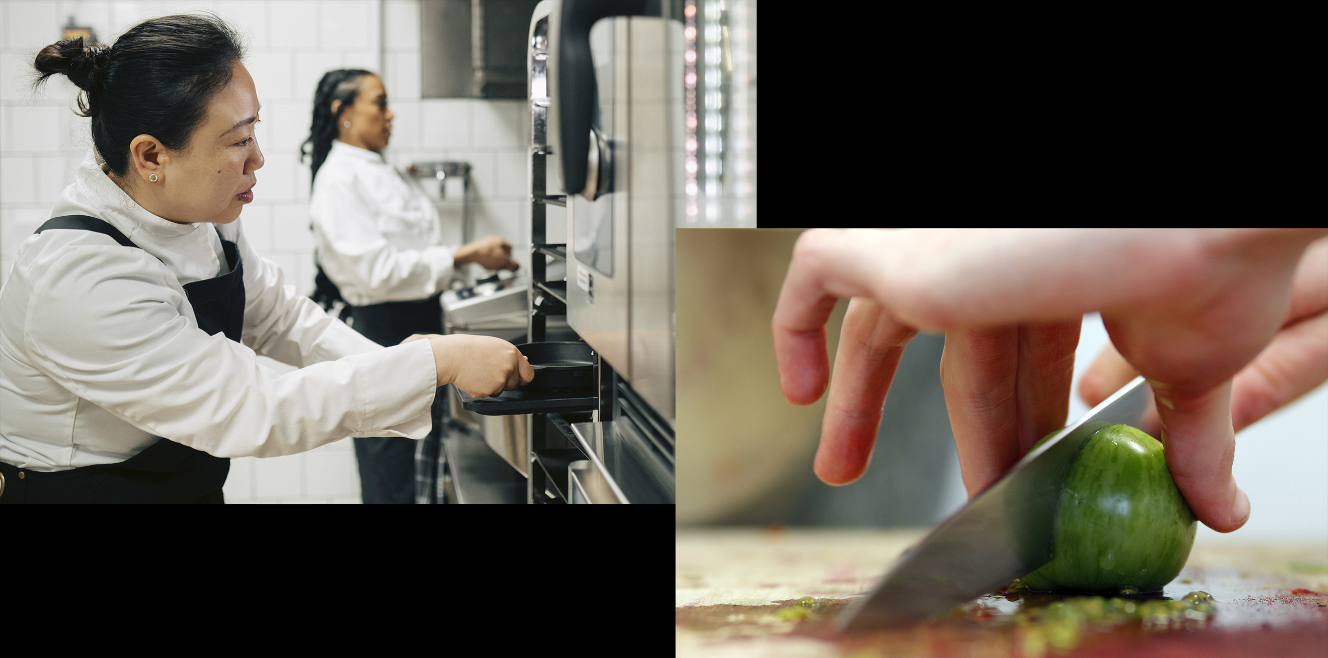 A photo collage illustrating culinary profession and kitchen labor. The left image shows female chefs working in a commercial kitchen placing trays into an oven, paired with a close-up on the right showing a chef's hands slicing a green tomato on a cutting board.