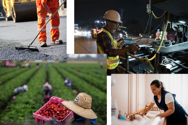 A photo collage depicting essential immigrant labor across key industries, including road construction workers paving asphalt, a night-shift infrastructure operator, an agricultural worker holding freshly harvested strawberries, and a domestic caregiver tending to a child's crib.