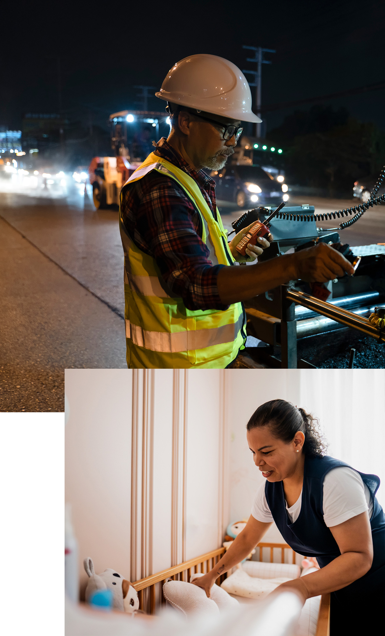 A collage highlighting essential immigrant labor in the American economy. The top image shows a male construction worker in a hard hat and safety vest working at night, paired with a female healthcare or childcare worker tending to a crib below.