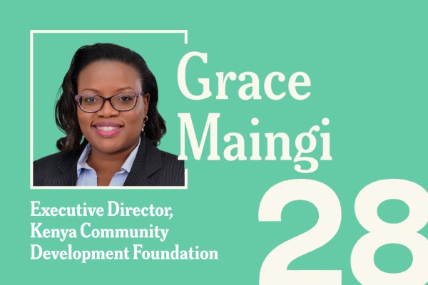 A teal promotional graphic featuring a headshot of Grace Maingi, Executive Director of the Kenya Community Development Foundation, with the number "28" displayed in large white text in the bottom right corner.