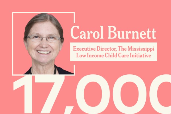 A coral-pink promotional graphic featuring a headshot of Carol Burnett, Executive Director of The Mississippi Low Income Child Care Initiative, with the number "17,000" displayed in large white text across the bottom.
