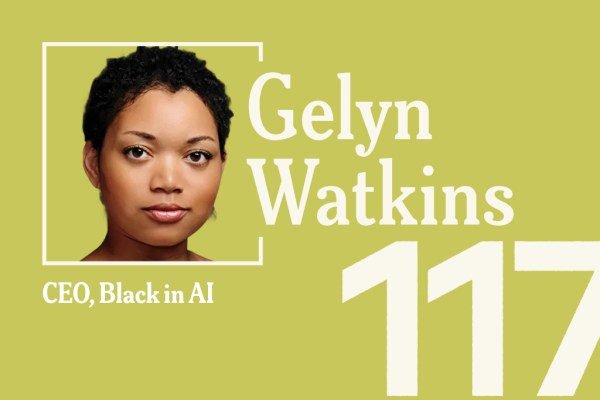 An olive-green promotional graphic featuring a headshot of Gelyn Watkins, CEO of Black in AI, with the number "117" displayed in large white text across the bottom right.