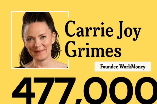 A yellow promotional graphic featuring a headshot of Carrie Joy Grimes, Founder of WorkMoney, with the number "477,000" displayed in large black text across the bottom right.