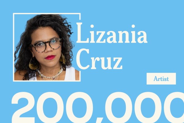 A blue promotional graphic featuring a headshot of artist Lizania Cruz, with the number "200,000" displayed in large white text across the bottom.