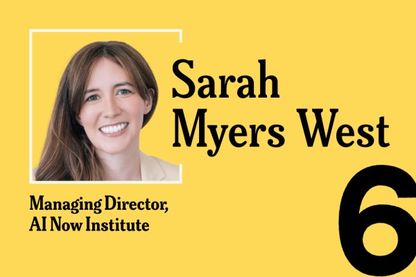 A yellow promotional graphic featuring a headshot of Sarah Myers West, Managing Director of the AI Now Institute, with the number "6" displayed in large black text in the bottom right corner.