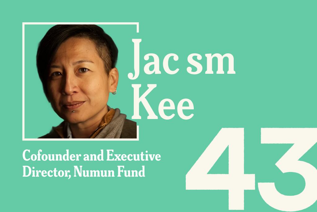 A teal promotional graphic featuring a headshot of Jac sm Kee, Cofounder and Executive Director of Numun Fund, with the number "43" displayed in large white text across the bottom right.