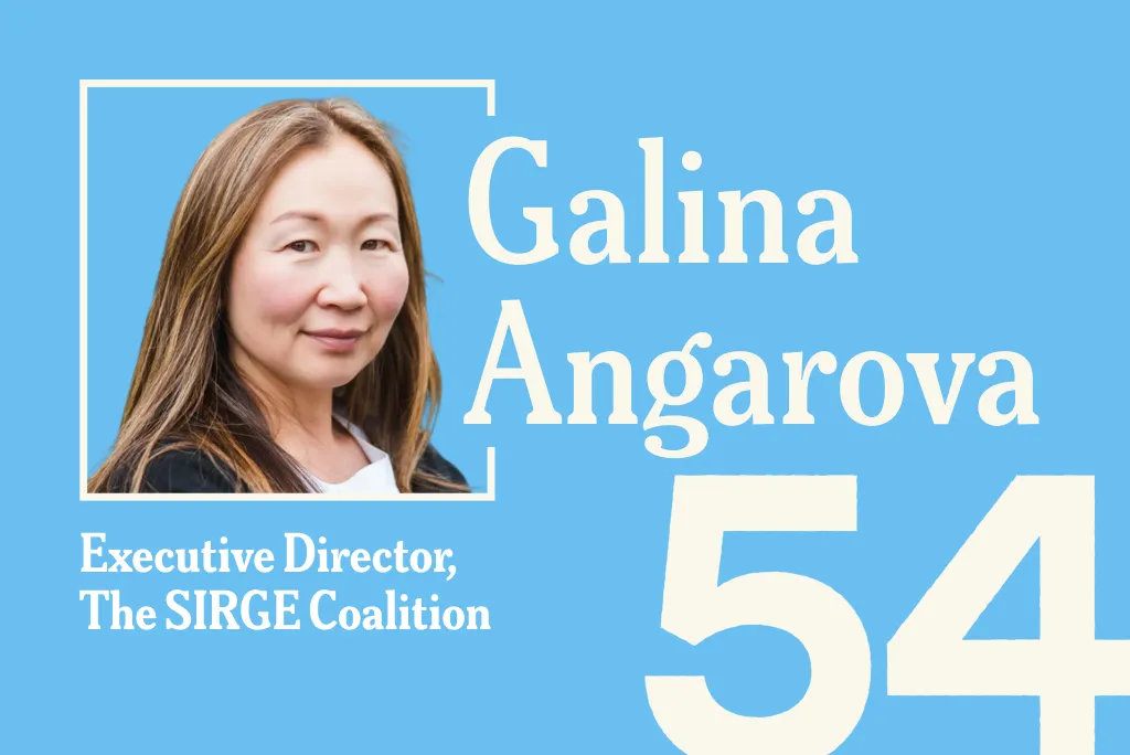 A blue promotional graphic featuring a headshot of Galina Angarova, Executive Director of The SIRGE Coalition, with the number "54" displayed in large white text in the bottom right corner.