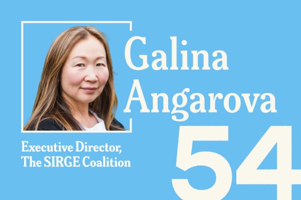 A blue promotional graphic featuring a headshot of Galina Angarova, Executive Director of The SIRGE Coalition, with the number "54" displayed in large white text in the bottom right corner.