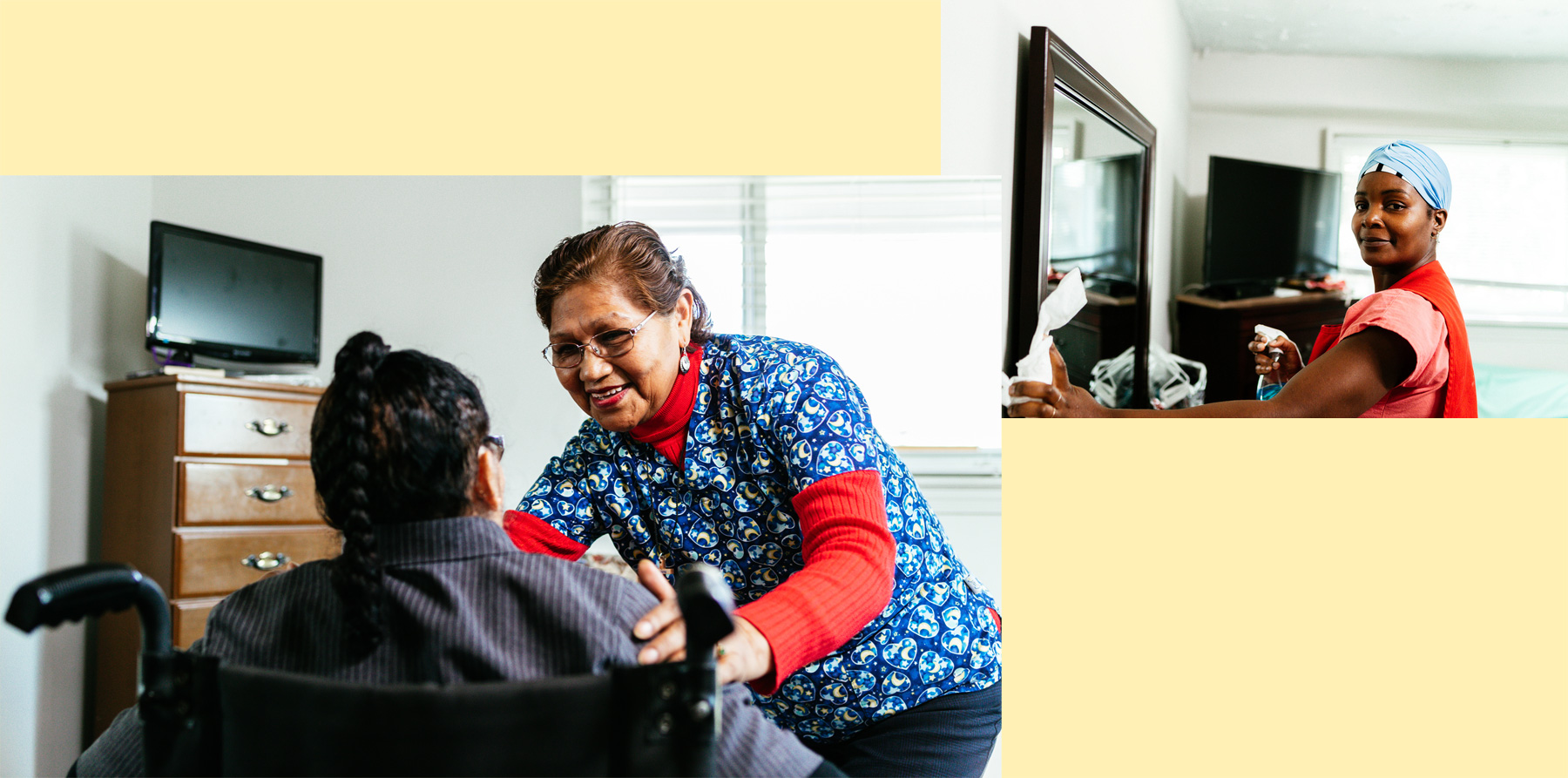 A photo collage highlighting essential caregiving and domestic labor. On the left, a smiling eldercare worker assists a person in a wheelchair, while on the right, a domestic worker wipes down a mirror, representing the foundational work that makes all other work possible.