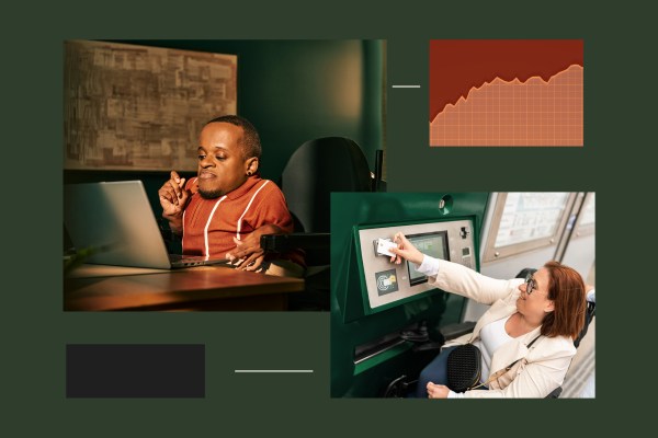 A photo collage depicting financial inclusion for people with disabilities, showing a man using a laptop computer at a desk, a upward-trending line graph, and a woman in a wheelchair using an accessible ATM.