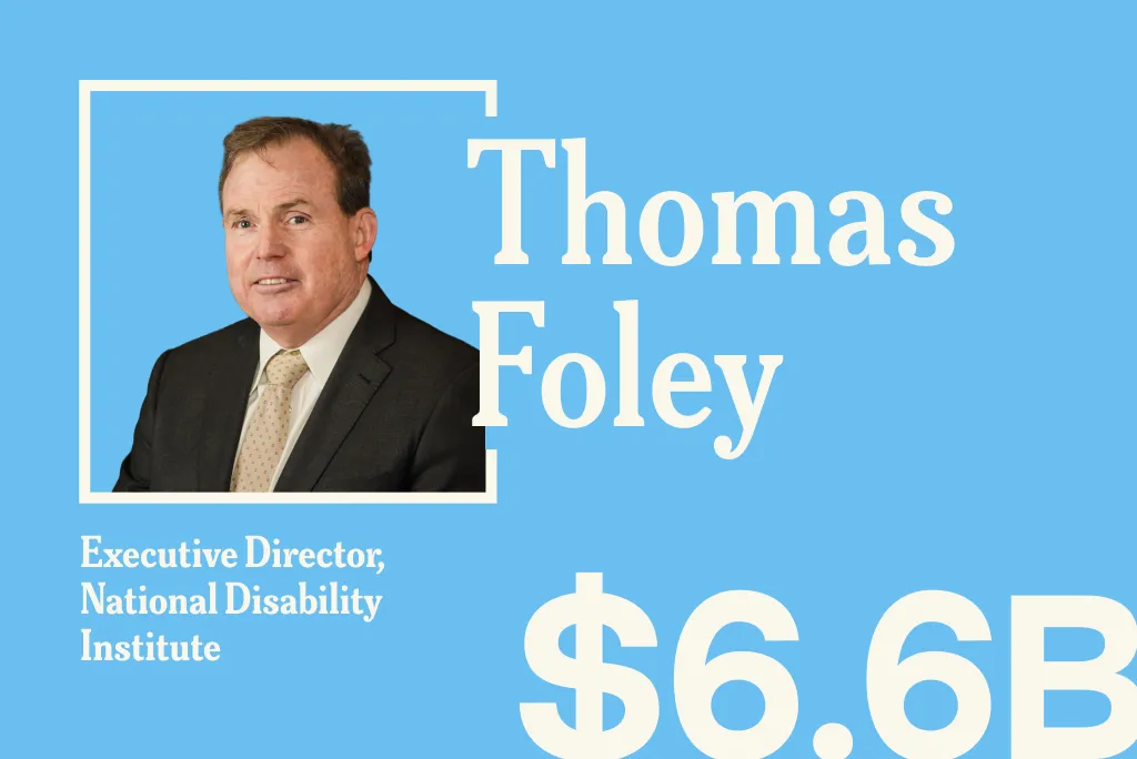 A blue promotional graphic featuring a headshot of Thomas Foley, Executive Director, National Disability Institute, with the number “$”6.6B” displayed in large white text across the bottom right.