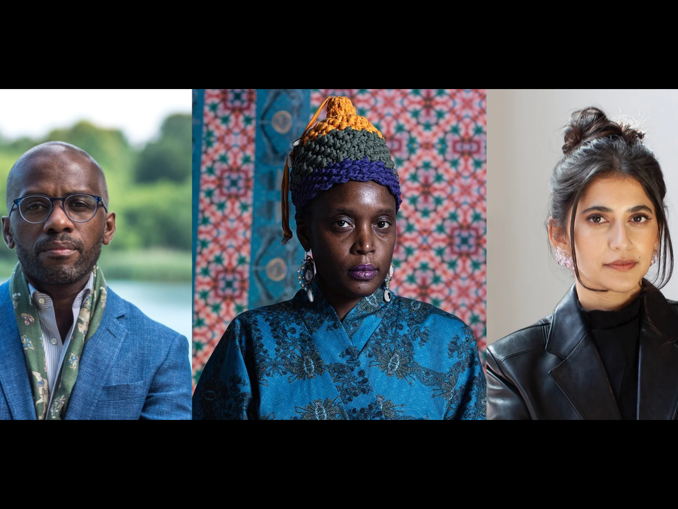 Three photo portraits side-by-side, from left to right. A Black man wearing glasses, a patterned scarf and a blue blazer in front of a lake. Second, a Black woman wearing a tri-color woven hat, cowrie shell earrings, and an embroidered-blue blouse in front of a bright geometric backdrop. And last, a South Asian Woman in a leather jacket; her hair tied up in a bun, with long bangs framing her face.