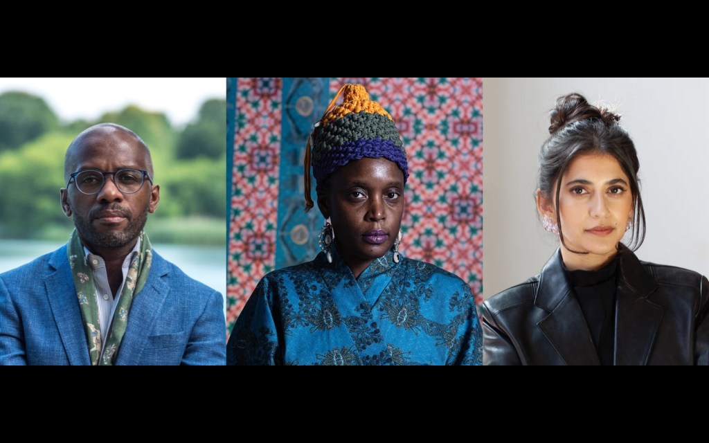 Three photo portraits side-by-side, from left to right. A Black man wearing glasses, a patterned scarf and a blue blazer in front of a lake. Second, a Black woman wearing a tri-color woven hat, cowrie shell earrings, and an embroidered-blue blouse in front of a bright geometric backdrop. And last, a South Asian Woman in a leather jacket; her hair tied up in a bun, with long bangs framing her face.