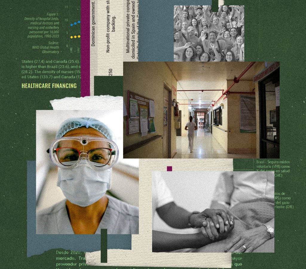 Multimedia photo collage featuring healthcare imagery, including a masked medical worker, a hospital corridor, hands holding in support, a cheering crowd, and overlaid charts titled "Healthcare Financing."