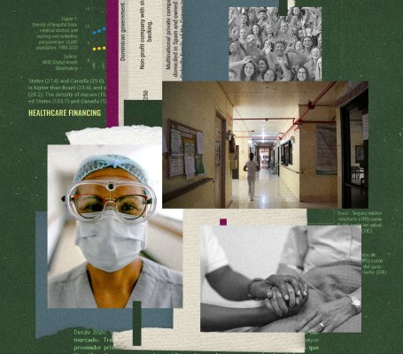 Multimedia photo collage featuring healthcare imagery, including a masked medical worker, a hospital corridor, hands holding in support, a cheering crowd, and overlaid charts titled "Healthcare Financing."