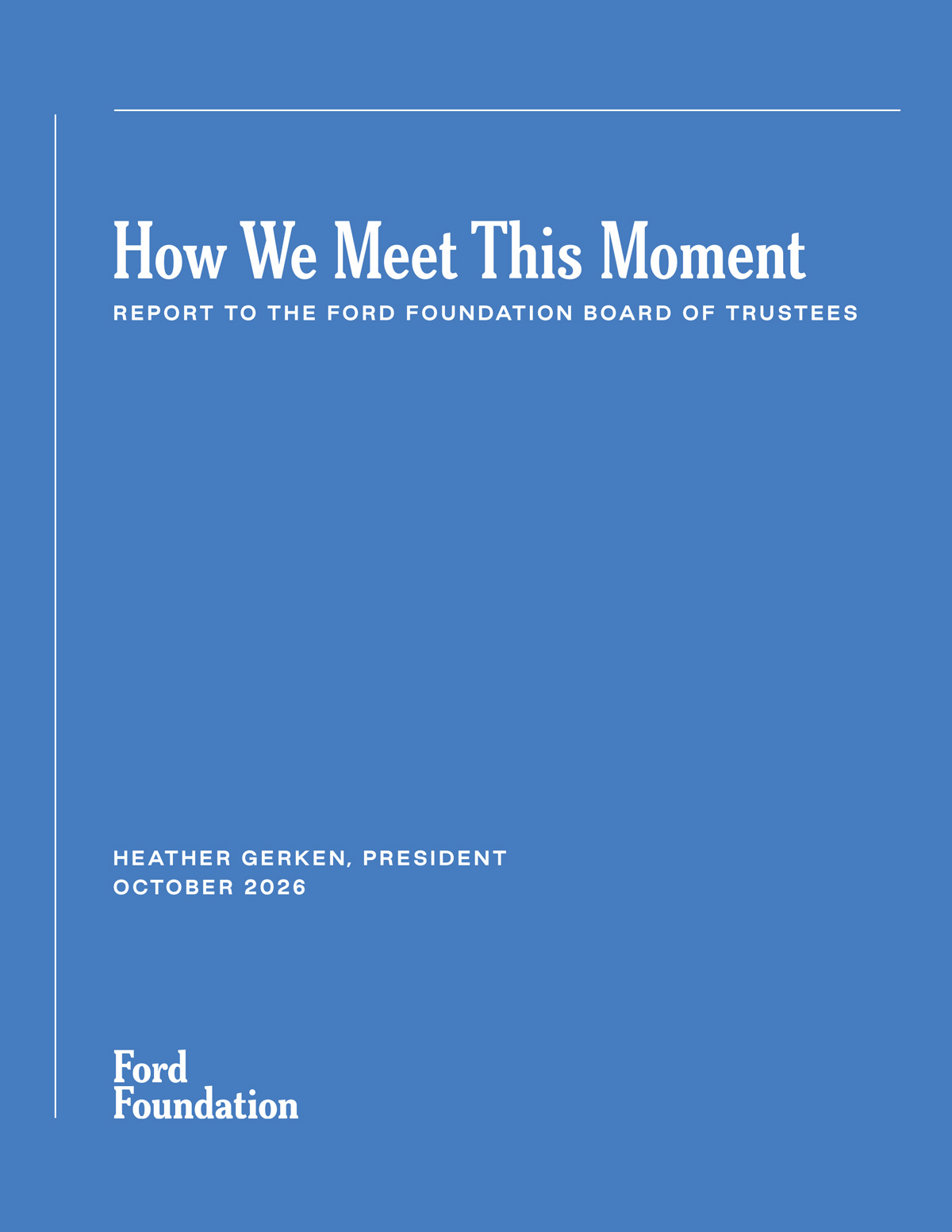 Report cover for How We Meet This Moment. White text on a blue background.