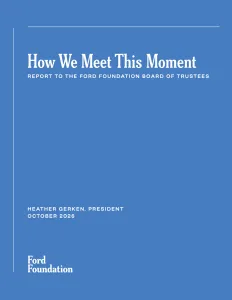 Report cover for How We Meet This Moment. White text on a blue background.