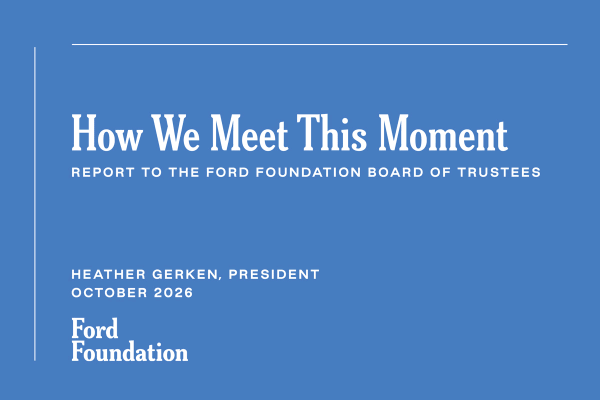 Report cover for How We Meet This Moment. White text on a blue background.