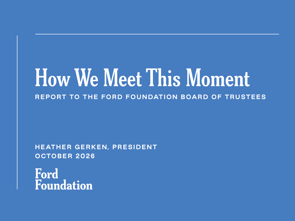 Report cover for How We Meet This Moment. White text on a blue background.